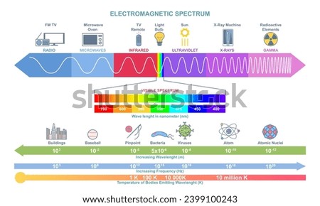 Electromagnetic Spectrum infographic. Physics educational poster. Diagram of wave structure, wave length, frequency and temperature. Cartoon flat vector illustration on white background