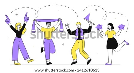 Football team fans linear set. Men and woman supporters with scarfs and gloves. Young guys and girls waiting for sports event and match. Doodle flat vector collection isolated on white background