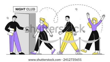 Nightclub queue linear. Men and women go to party or disco, event. Entertainment occupation. Fun and leisure. People with nightlife. Doodle flat vector illustration isolated on white background