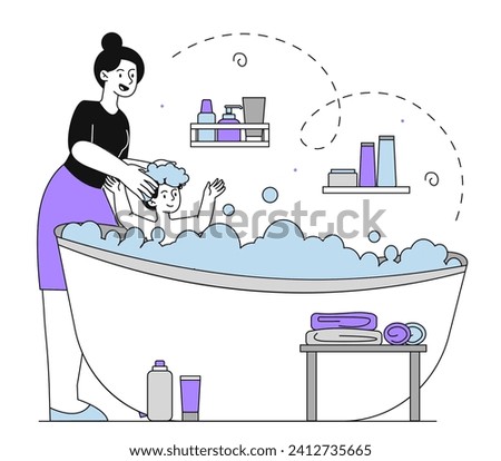 Mother washes child linear. Woman with kid in bath with soap bubbles. Hygiene and cleanliness. Household chores and routine. Mom care about son in bathroom. Doodle flat vector illustration