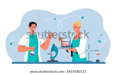 Scientists team in laboratory. Man and woman in medical coats with flasks with reagents. Chemists conduct research in lab. Education and training, learning. Cartoon flat vector illustration