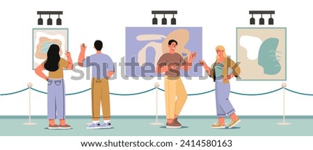 Visiting gallery concept. Men and women at exhebitions and museums. Cultural rest and leisure. People with art objects. Cartoon flat vector illustration isolated on white background