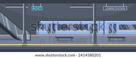 Subway station concept. Train wait for passengers. Modern city infrastructure for citizens. Trip and travel in city. Transport at railroad undeground. Cartoon flat vector illustration