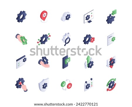 Gear isometric icons set. Coghweel and magnifying glass. Computer and smartphone. hardware and maintenance. Software upgrade. Cartoon 3D vector collection isolated on white background