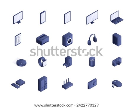 Device isometric icons set. Headphones and audio speaker, monitor of computer and laptop. Smartwatches and console with gamepad, joystick. Cartoon 3D vector collection isolated on white background