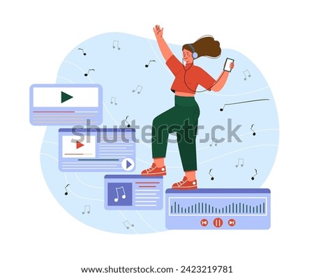 Woman with playlist music. Young girl in headphones with smartphone listen songs and audio files. Character dancing in earphones. Cartoon flat vector illustration isolated on white background