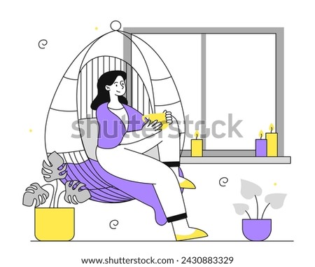 Woman resting at home linear. Young girl in cozy and comfortable apartment sitting in chair. Character with hot drink. Simple flat vector illustration isolated on white background