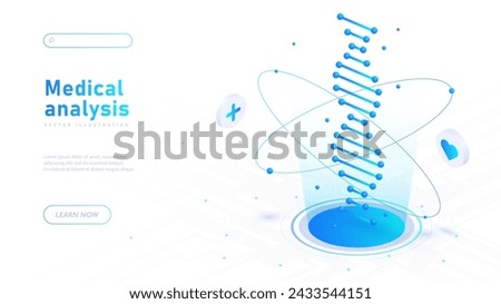 Medical analysis white poster. Structure of DNA. Scientific research. Biology and anatomy. Health care, medicine and treatment. Landing webpage design. Neon isometric vector illustration