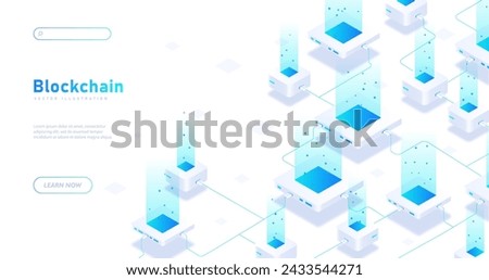 Blockchain white poster. Cryptocurrency, bitcoin and litecoin. Investing, trading and economy. Services and hardware. Landing webpage design. Neon isometric vector illustration