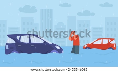 Water flood in city. Sad an stand near blue and red car. Accident and disaster, catclisme. Destroyed urban scene. Environmental damage to buildings and transport. Cartoon flat vector illustration