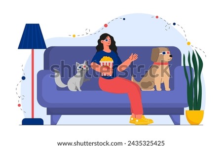 Film time at home. Woman with pop corn at basket near cat and dog. Entertainment and leisure indoor. Rest at evening. Young girl watch movies, series and tv show. Cartoon flat vector illustration