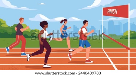 Running competitions concept. Men and women run to finish line. Active lifestyle and sports. Athletes in tournament and championship. Cardio workout outdoors. Cartoon flat vector illustration