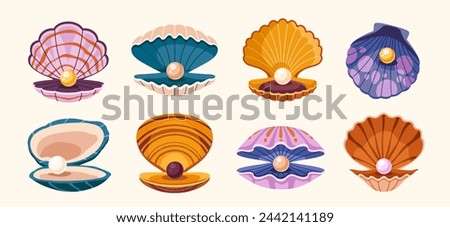 Set of seashells. Beautiful underwater shells with sparkling pearls. Opened clam or scallop with precious luxury sphere. Marine pearls. Cartoon flat vector illustration isolated on beige background