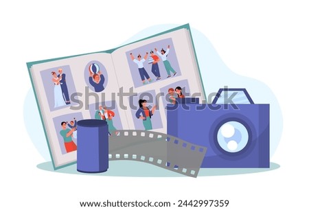 Family photo album. Film reel and scarpbook near camera. Pictures in book. Nostalgia and memory. Scenes with young couple. Cartoon flat vector illustration isolated on white background