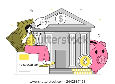 Distruct of banks linear. Woman with credit card near banking building. Piggy bank with golden coins. Financial literacy and savings. Simple flat vector illustration isolated on white background