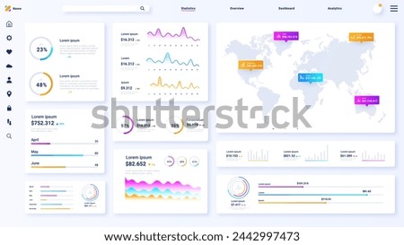 Dashboard panel white poster. Infographics and educational materials, statistics. Scheme and structure. Data visualization. Cartoon neon vector illustration isolated on white background