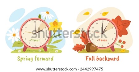 Daylight saving time concept. Infographic and educational materials. Spring forward and fall backward of clocks. Plus and minus 1 hour. Cartoon flat vector illustration isolated on white background