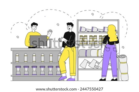 Camping equipment shop simple. Man and woman with yellow and violet tents. Equipment for active lifestyle and leisure outdoors. Linear flat vector illustration isolated on white background