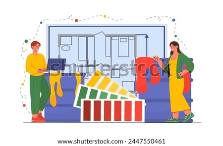 Interior designer concept. Man and woman with paintings and paintrollers near blueprint. Workshop or studio. Engineering and construction. Cartoon flat vector illustration isolated on white background