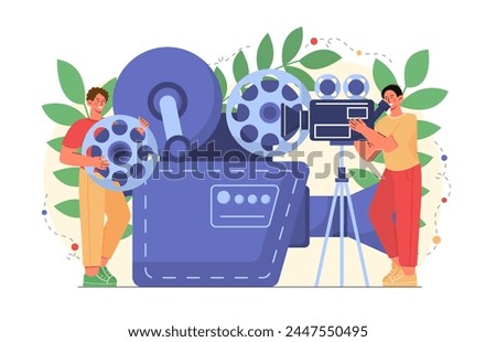 Film shooting concept. Recoding of movie or series. Cameraman and young guy with tape reel. Entertainment industry, fun and leisure. Cartoon flat vector illustration isolated on white background