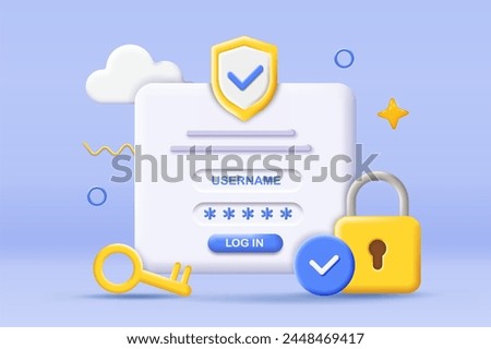 3D login poster. Authorization and authentication. Protection of personal data and account information. Landing webpage design. Cartoon isometric vector illustration isolated on blue background