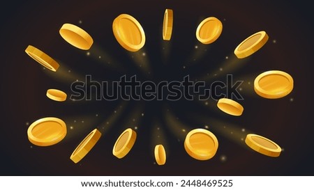 Flying golden coins set. Dollars or euros at coopy space. Investing and trading, economy. Prize, award and reward. Realistic isometric vector illustration isolated on transparent background