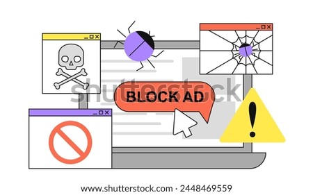 Darkweb at laptop linear. Websites and webpages with viruses and advertising. Black and hide internet. Special application and software. Doodle flat vector illustration isolated on white background
