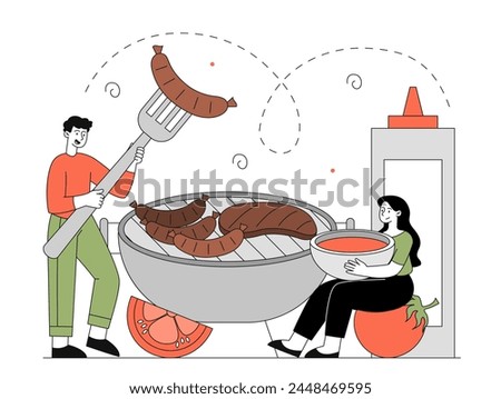 People with barbecue linear. Man and woman near grilled meat and vegetables. Party at backyard and garden. Couple with shahlik and BBQ. Doodle flat vector illustration isolated on white background