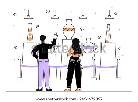 People in vase museum linear. Man and woman looking at ceramics products and pottery. Creativity and art, cultural rest and leisure. Exhibition and gallery. Doodle flat vector illustration