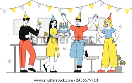 People celebrate holiday at work simple. Men with champagne and hats, women with cake. Workers and employees with party in office. Doodle flat vector illustration isolated on white background