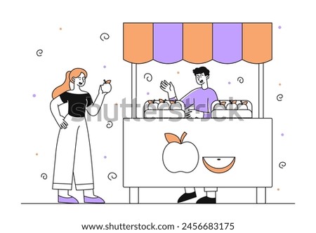Man selling apples linear. Woman buy fruits with vitamins. Healty eating, natural and organic products. Small business owner. Doodle flat vector illustration isolated on white background