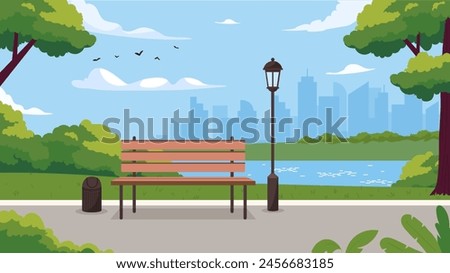 City park scene concept. Wooden bench near light pillar and trashan. Spring or summer day with lake. Urban scene. Beautiful natural panorama and landscape. Cartoon flat vector illustration