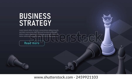 Business strategy isometric. Chess pieces at board. Planning and vision of future. Entrepreneurship and investing, trading. Landing webpage design. Cartoon volumetric vector illustration