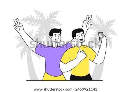 Man take selfie at beach simple. Young guys with smartphone take photo at sandcoast. Friends in tropical and exotic country, island. Doodle flat vector illustration isolated on white background