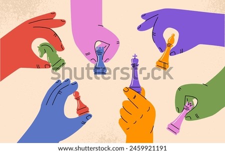 Hands with chess pieces. People playing in chess and game for logic, tactics and strategy. Business team and partners. Collaboration and cooperation, teamwork. Cartoon flat vector illustration