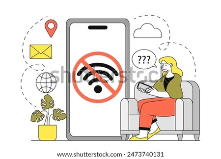 No wifi signal concept. Sad woman sitting near smartphone with poor internet connection. Young girl with wireless connection problems. Linear flat vector illustration isolated on white background