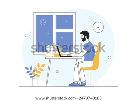 Man work late. Young guy sits at his workplace at night. Overworked employee in office. Poor time management and ineffective work process organization. Linear flat vector illustration