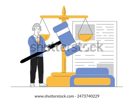 Man judge concept. Young guy with judges gavel in hands against background of scales. Jurisprudence, judgment and justice. Legal support of agreements. Linear flat vector illustration