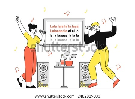 People in karaoke. Man and woman sing next to slide with text. Rest and leisure. Party and event, musical performance. Singers at party. Linear vector illustration isolated on white background