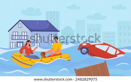 People in flood. Man and woman with dog floating on inflatable boat near houses and cars. People in emergency situation. Tsunami and tornado. Demolition and destruction. Cartoon vector illustration