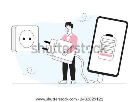 Dead battery at smartphone. Man with mobile phone and charger near socket. Low energy at gadget and device. Recharge of phone. Linear vector illustration isolated on white background