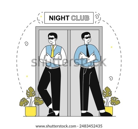 Bodyguard at nightclub. Men in uniform and sunglasses stand near entrance to nightclub. Federal office workers. Party and event safety. Linear flat vector illustration isolated on white background