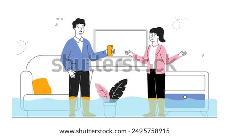 People in flooded house. Man and woman standing in apartment with water. Sewer pipe burst, problems in bathroom. Accident and disaster at home. Linear vector illustration isolated on white background