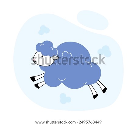 Cute fluffy sheep. Blue furry lamp. Sleep, dream, rest and recuperation. Domestic animal and cattle. Sticker for social networks. Linear vector illustration isolated on white background