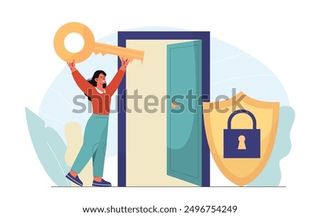 Woman with access. Young girl with golden key near doorway. Metaphor of business and career opportunities. Solution and decision. Businesswoman with way to success. Flat vector illustration