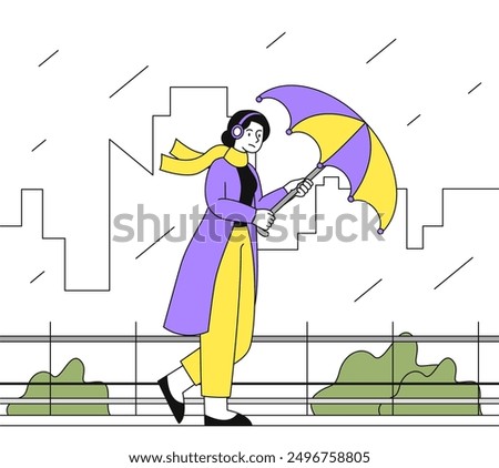 Woman in windy day. Young girl walks on street with umbrella in storm or hurricane. Windy and rainy weather. Autumn and fall season. Linear vector illustration isolated on white background