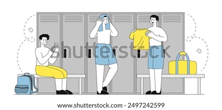 Men in locker room. Young guys change clothes after training. Sports team in gym. Fitness and workout. People change sportswear to streetwear. Linear vector illustration isolated on white background