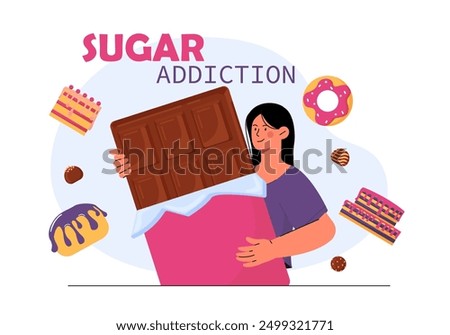 Woman with sugar addiction. Young girl hugging large chocolate bar near donuts and cakes. Unhealthy lifestyle and wrong diet, nutrition. Flat vector illustration isolated on white background