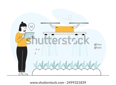 Woman with smart farm. Young girl with tablet automates production. Farming and agriculture. Artificial Intelligence and innovation. Linear vector illustration isolated on white background