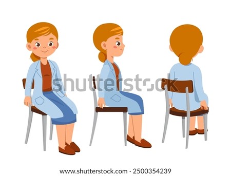 Female doctor constructor. Woman in medical uniform sitting at chair. Kit for creating animations. Pack of character in different poses. Health care and medicine. Flat vector collection